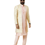 Alluring Pastel Thread Embroidered Cream Open Sherwani with Kurta Pajama Set | Father Son Combo | Jaipurio Collection